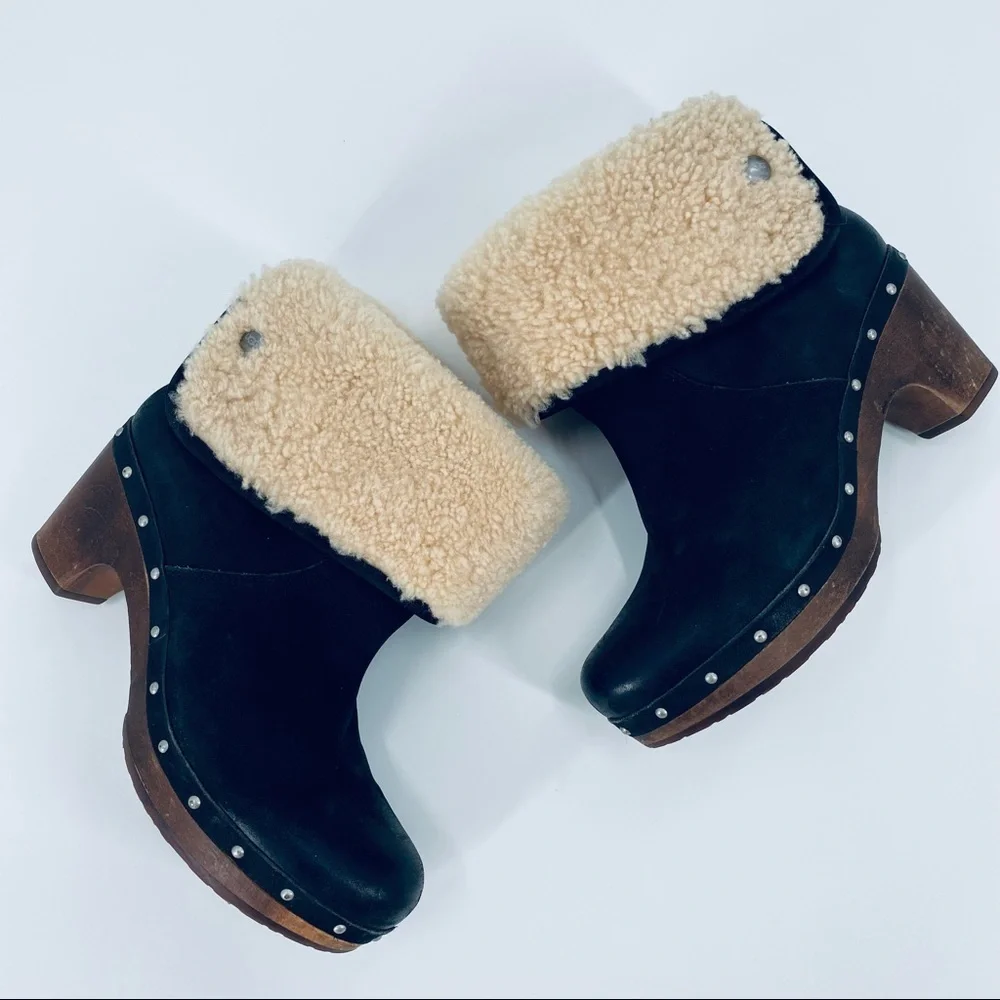 UGG Lynnea Black Suede Studded Fold Over Ankle Boots Size 7 - Picture 7 of 10